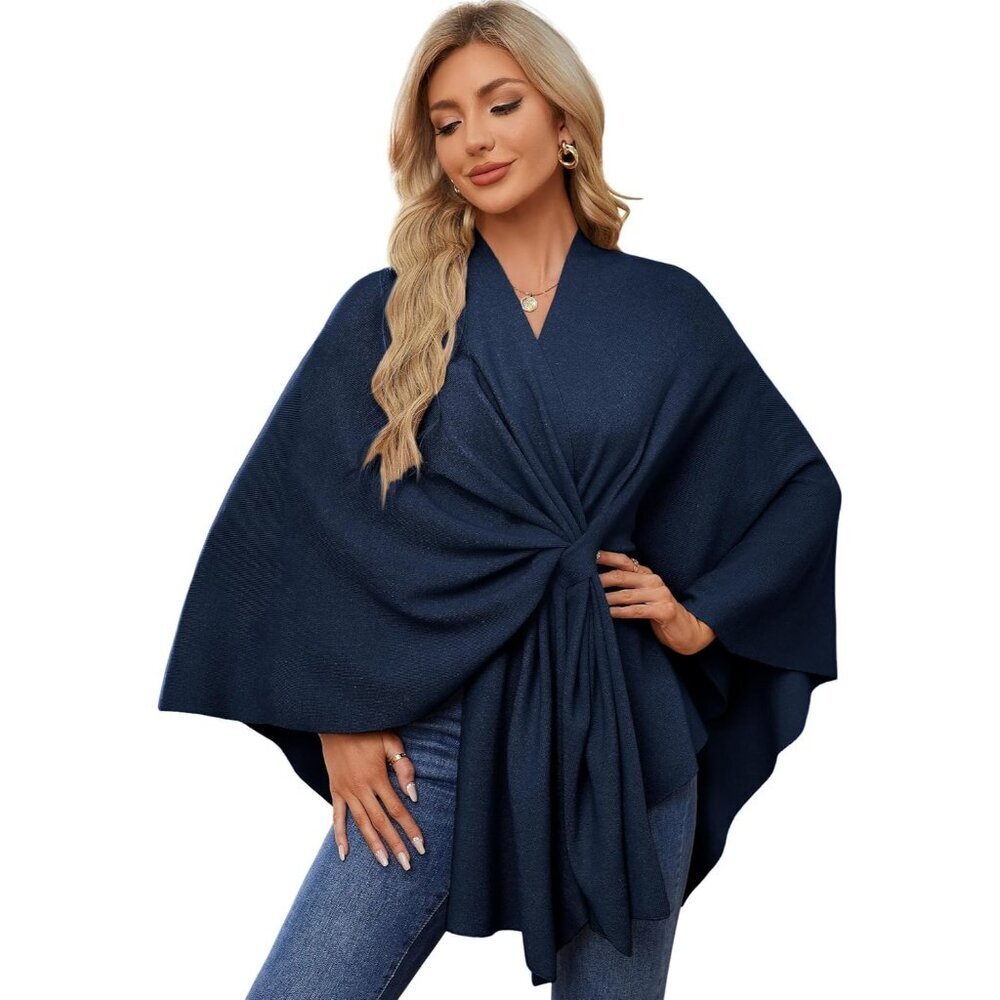 Women's Dark Salte Blue Elegant Poncho Sweater For Spring Fall Winter Shawl Wrap